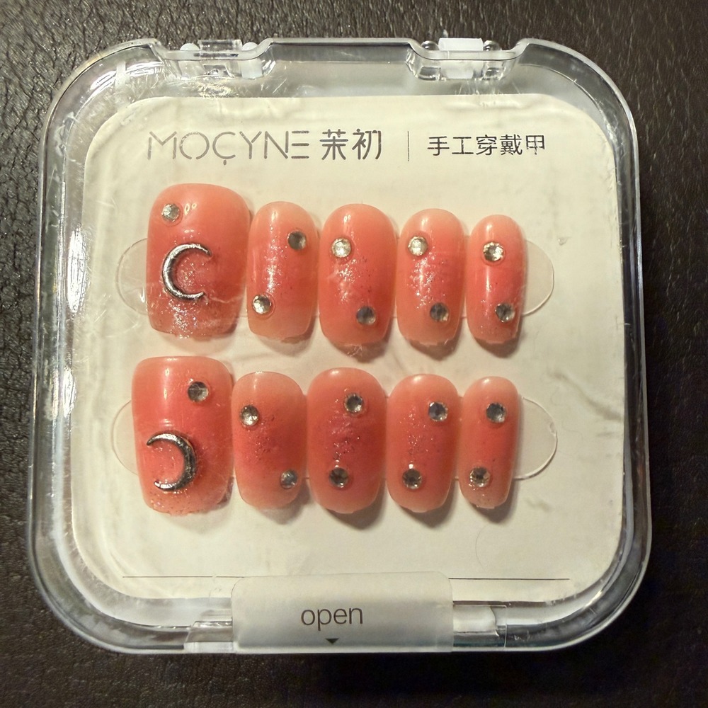 Mocyne 24pc Press On Nails NEW Celestial Moon Rhinestone Peach Pink